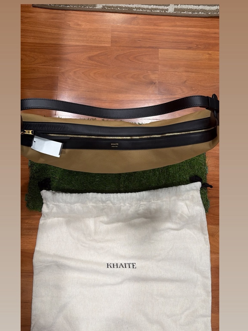KHAITE Tan Canvas Crescent Bag with Black Leather Trim - Picture 2 of 7